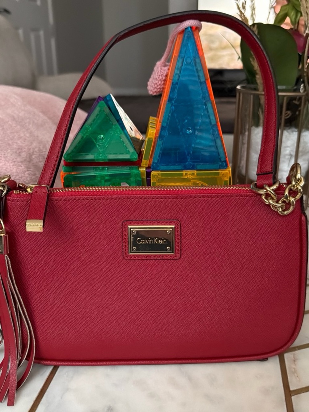 Calvin Klein Cherry Red Saffiano Shoulder Bag with Tassel